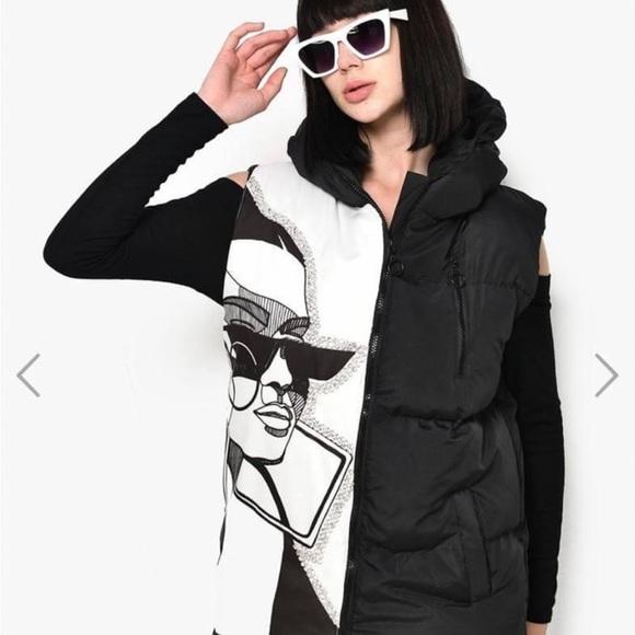 New NWT embellished black and white hooded puffer vest size S/M - Picture 2 of 6